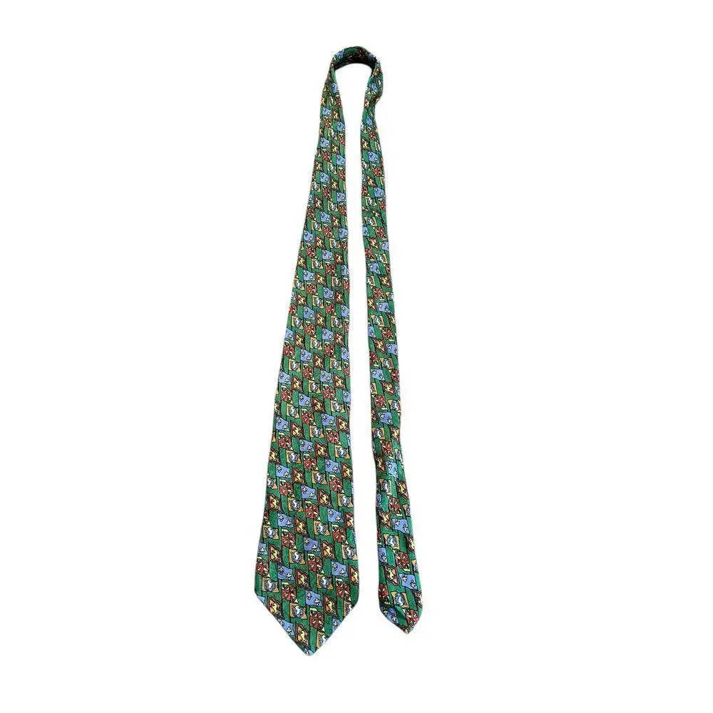 Abercrombie & Fitch Men's Green Blue 100% Silk vintage Print Adjustable Neck Tie